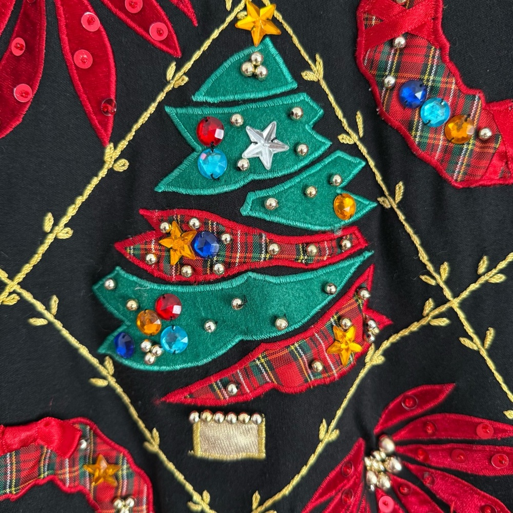 Christmas Shirt Women’s Large Black with Embroidery Festive Holiday Beading - Picture 6 of 7